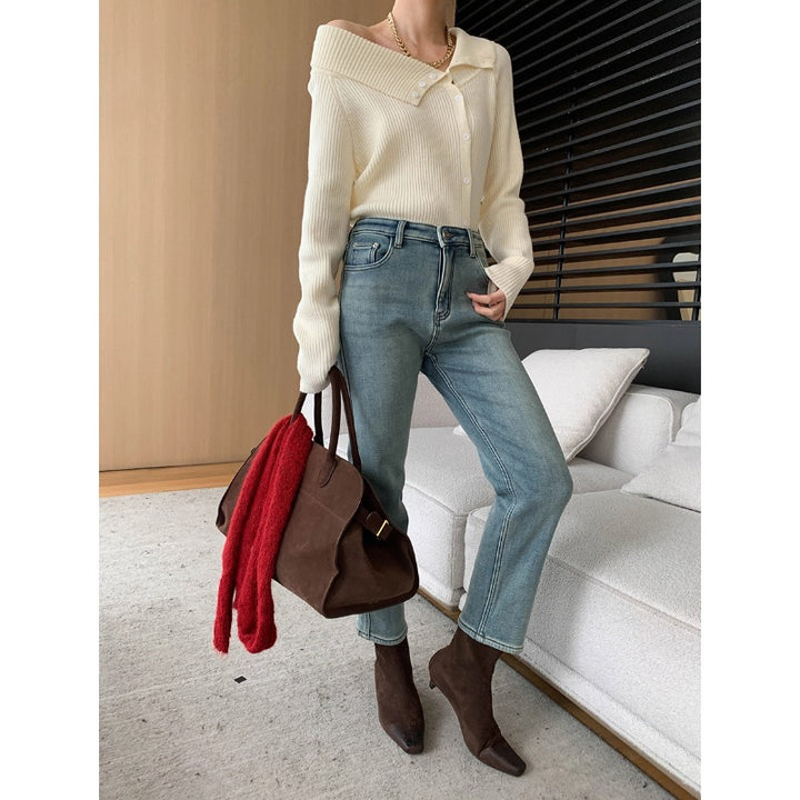 Damen gestreifte Strickjacke mit hohem Kragen und praktischen Taschen Drune