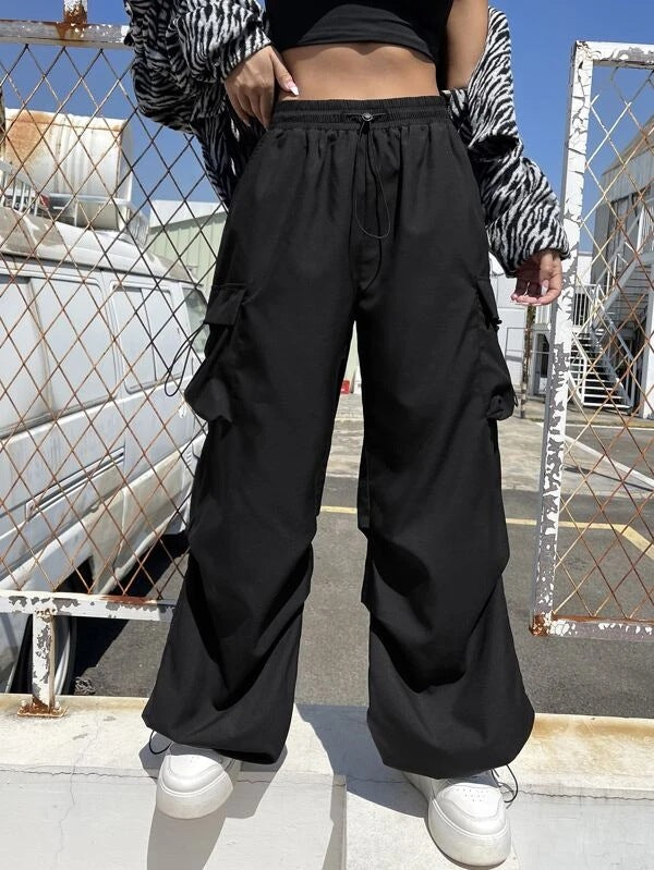 Damen nan weite Cargo-Hose mit Tunnelzugbund, Mehrfachtaschen und verstellbarem Saum Drune