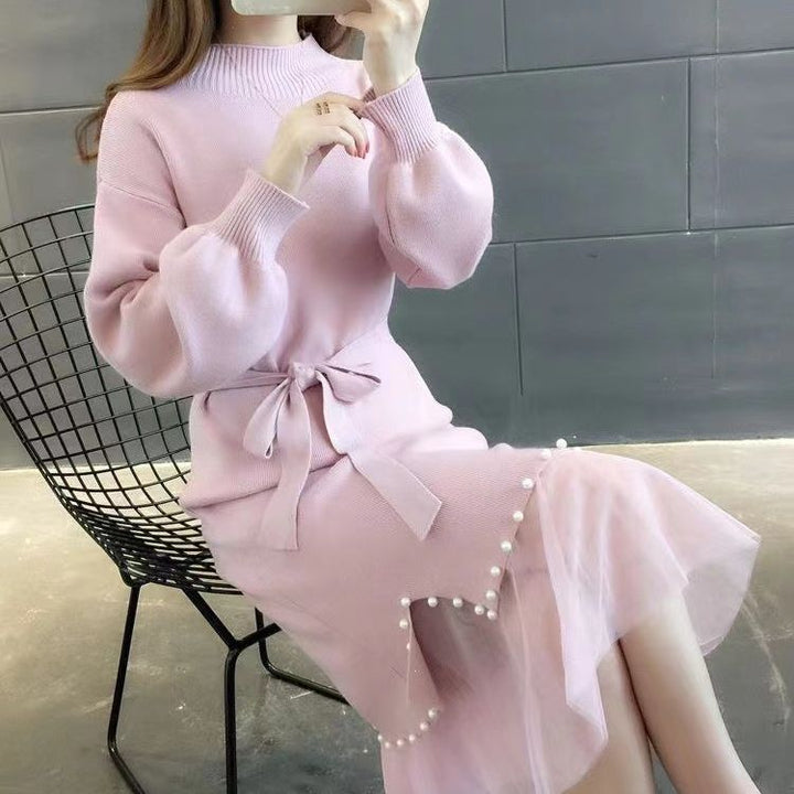 Damen elegantes Strickkleid mit Taillengürtel und dekorativem Saum Drune