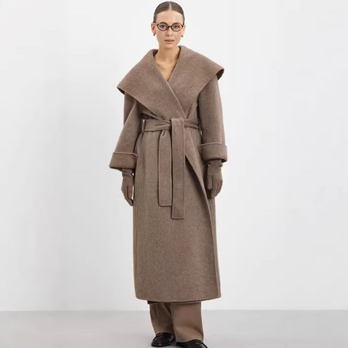 Damen Maxi-Mantel im Wickelstil mit breitem Schalkragen und Krempelärmeln Drune
