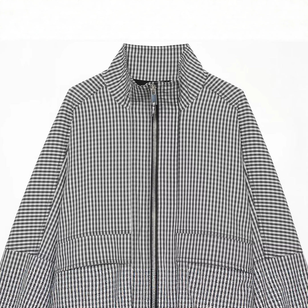 Damen Kariertes Cropped-Blouson mit Stehkragen, Reißverschluss und elastischem Saum Drune