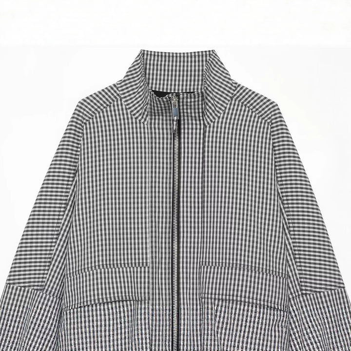 Damen Kariertes Cropped-Blouson mit Stehkragen, Reißverschluss und elastischem Saum Drune