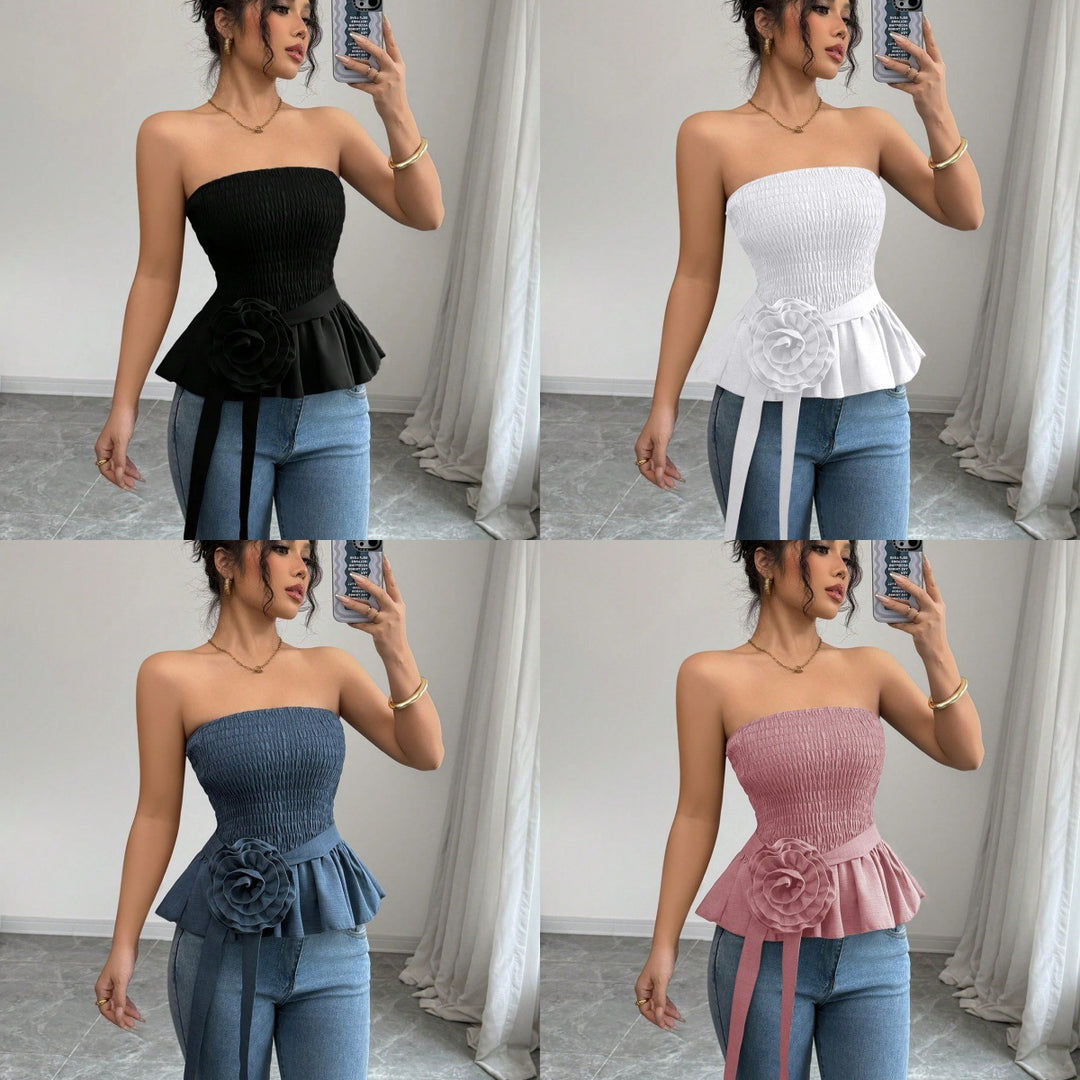 Damen nan figurbetontes trägerloses Smok-Oberteil mit Volant-Peplum und dekorativer Stoffblume Drune
