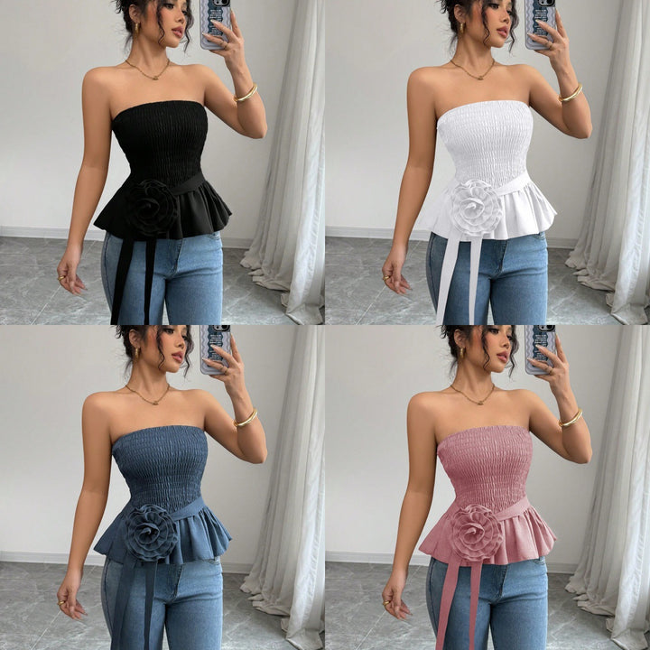 Damen nan figurbetontes trägerloses Smok-Oberteil mit Volant-Peplum und dekorativer Stoffblume Drune