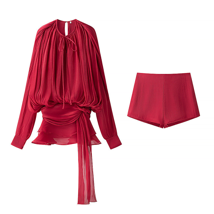 Damen nan luftiges Chiffon-Wickelblusen-Set mit Schärpe und Lagen-Shorts Drune