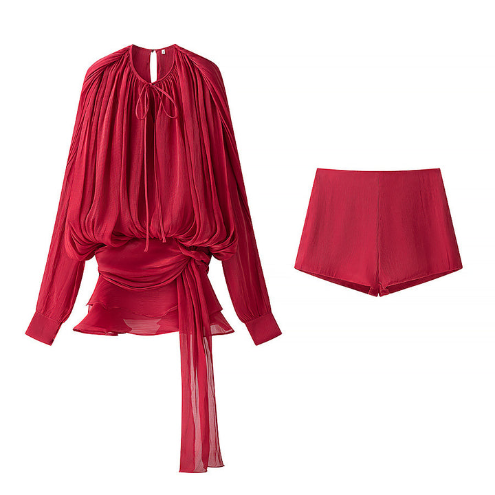 Damen nan luftiges Chiffon-Wickelblusen-Set mit Schärpe und Lagen-Shorts Drune