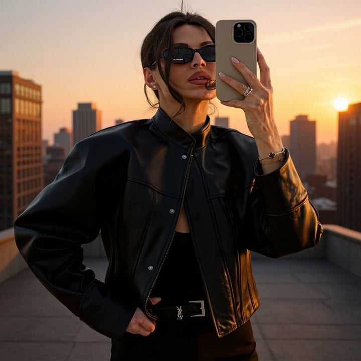 Damen Kurzjacke aus veganem Glattleder mit markanten Schulterpuffern und verdeckter Druckknopfleiste Drune