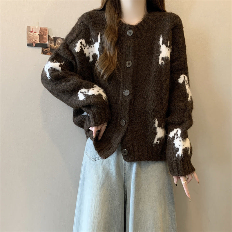 Damen Gemusterter Strickcardigan mit tierischem Motiv und bequemen Oversized-Schnitten Drune