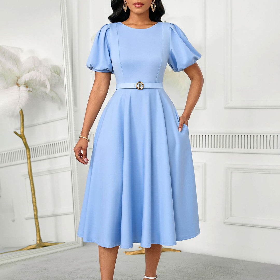 Damen Midi-Kleid mit Puffärmeln und tailliertem Gürtel Drune