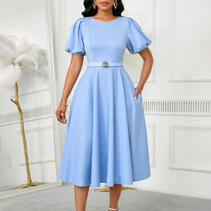 Damen Midi-Kleid mit Puffärmeln und tailliertem Gürtel Drune