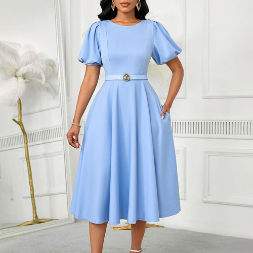 Damen Midi-Kleid mit Puffärmeln und tailliertem Gürtel Drune
