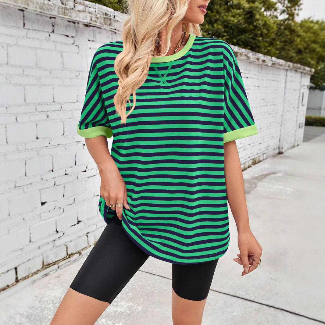 Damen lässiges Streifenoberteil mit weit geschnittenem Schnitt und kontrastierendem Halsbündchen Drune