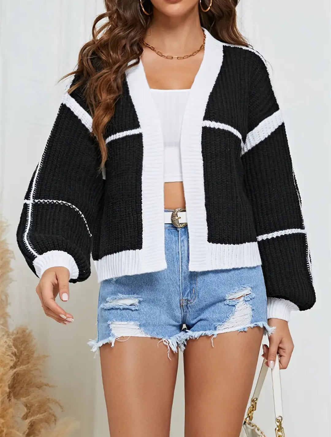 Damen Cropped Offene Strickjacke mit Boxy‑Silhouette und Ballonärmeln Drune