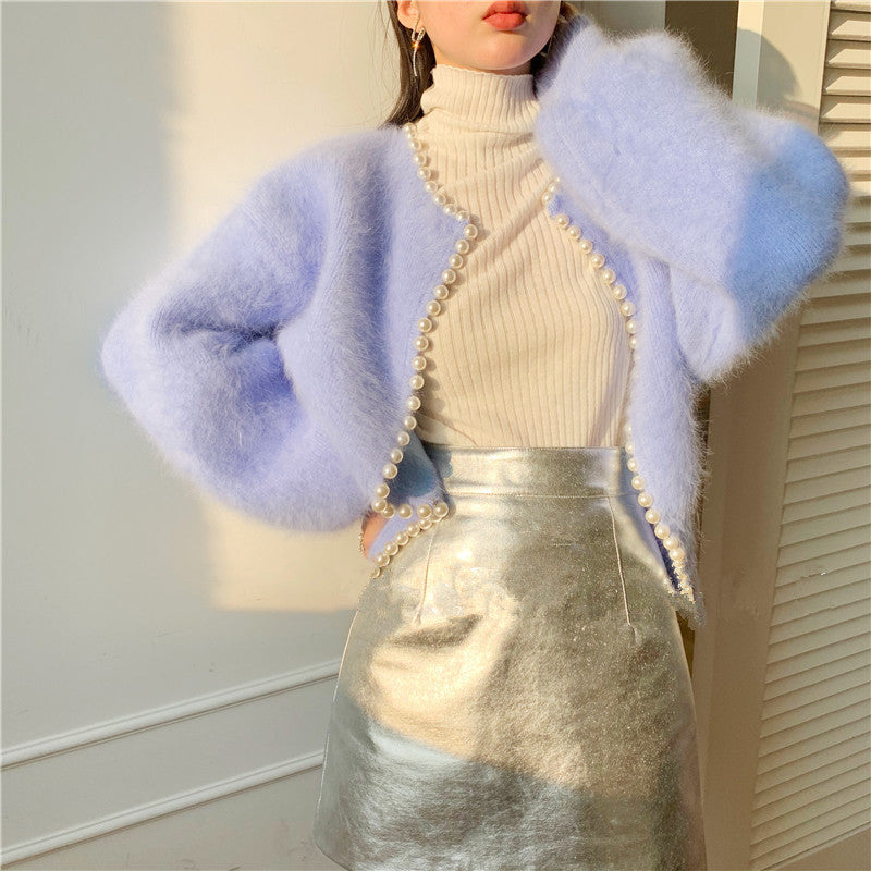 Damen Flauschige Strickjacke mit Perlenbesatz und modischem Schnitt Drune