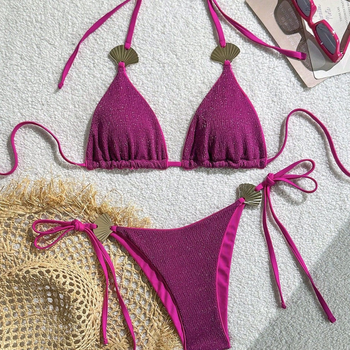 Damen Triangel-Bikini mit glitzerndem Stoff und Muscheldetails Drune
