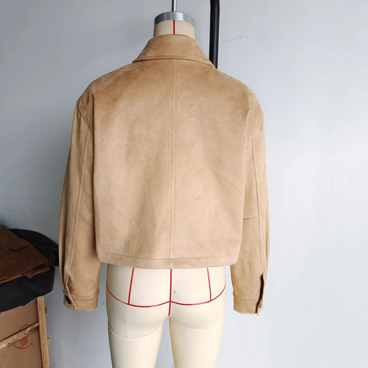 Damen nan kurze Oversize Wildlederimitat-Jacke mit großem Hemdkragen und aufgesetzten Pattentaschen Drune