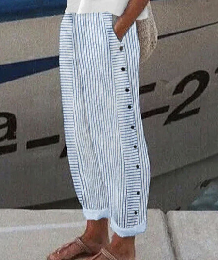 Damenweite Culotte-Hosen mit Paperbag-Taille, Knopfleiste und Seitentaschen Drune