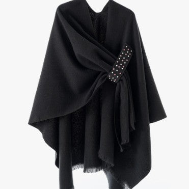 Damen Eleganter Wickel-Umhang aus Wollmischung mit Taillenschärpe und Fransensaum Drune