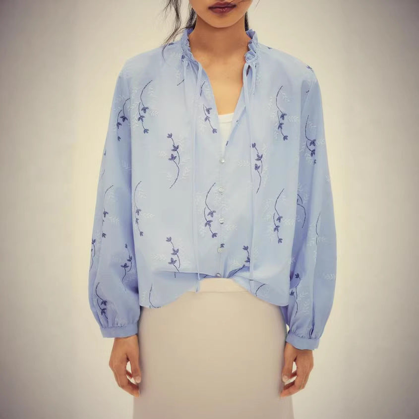 Damen Bestickte Bluse mit Rüschenkragen, Bindeband und weiten Ballonärmeln Drune