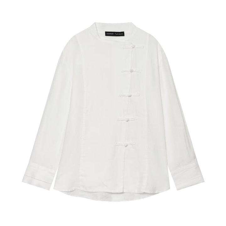 Damen Oversize Leinenbluse mit Stehkragen und chinesischen Knotenknöpfen Drune