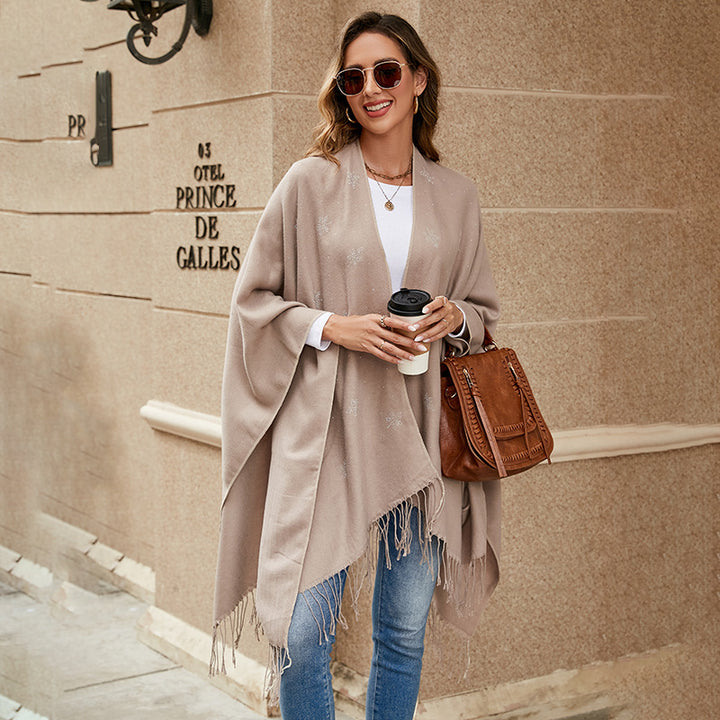 Damen Eleganter Poncho mit floralem Stickmuster und fransigen Kanten Drune