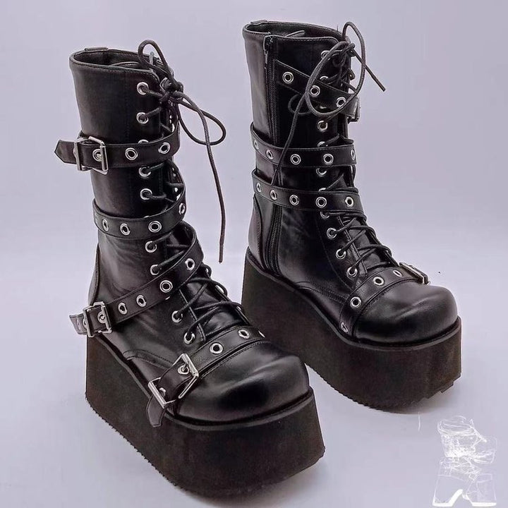 Damen nan hochschaftige Gothic Plateau-Boots mit mehrfachen Metallschnallen, Ösen und seitlichem Reißverschluss Drune
