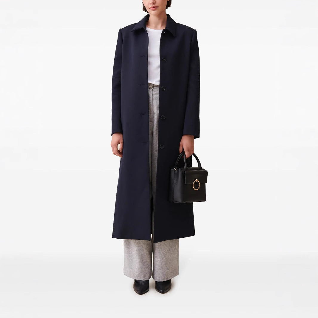 Damen langer minimalistischer Mantel mit geradem Schnitt und Hemdkragen Drune
