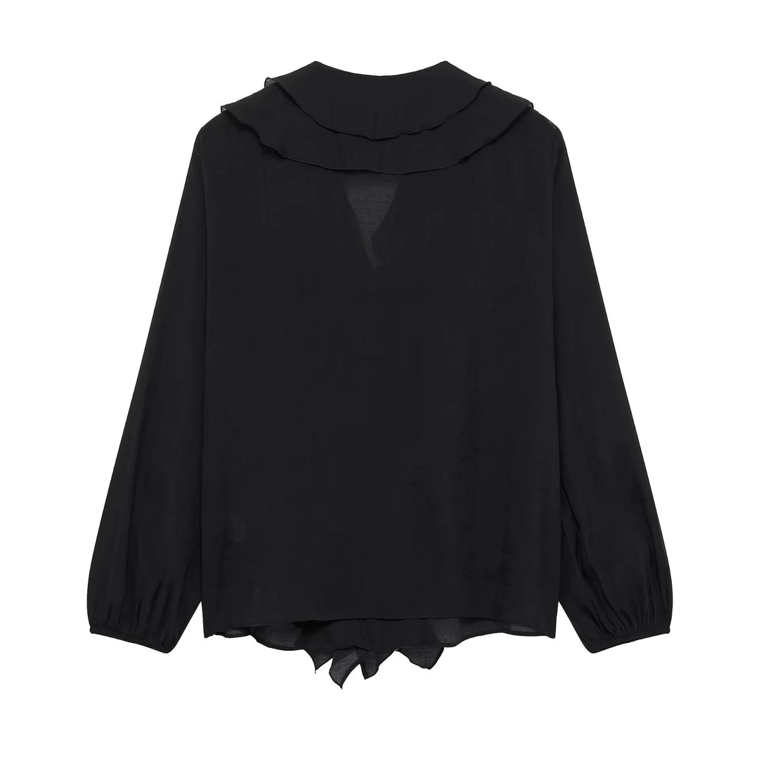Damen nan Rüschige Chiffonbluse mit V-Ausschnitt, durchgehender Knopfleiste und Volant-Details Drune