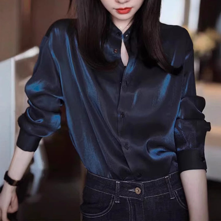 Damen Elegante satinierte Bluse mit Stehkragen Drune