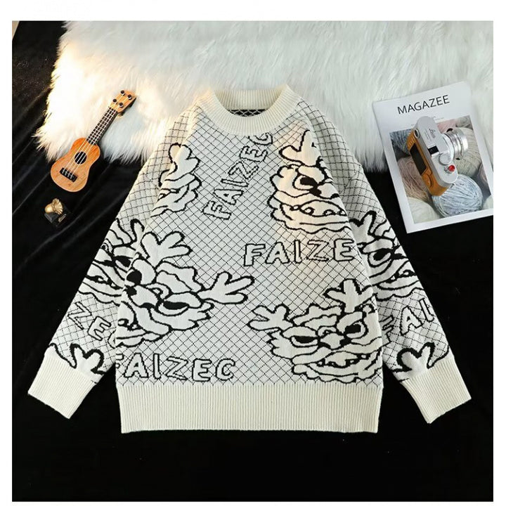 Unisex Oversized Jacquard-Strickpullover mit Allover-Motiv und Rippbündchen Drune