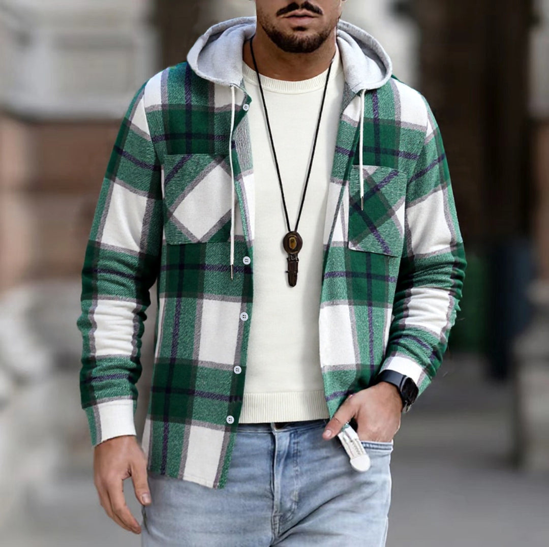Herren kariertes Hemd Jacke mit Kapuze, Knopfleiste und Brusttaschen EB