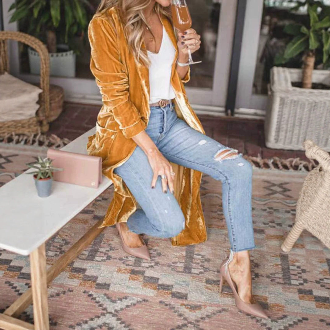 Damen Elegante Veloursjacke mit hohem Kragen Drune