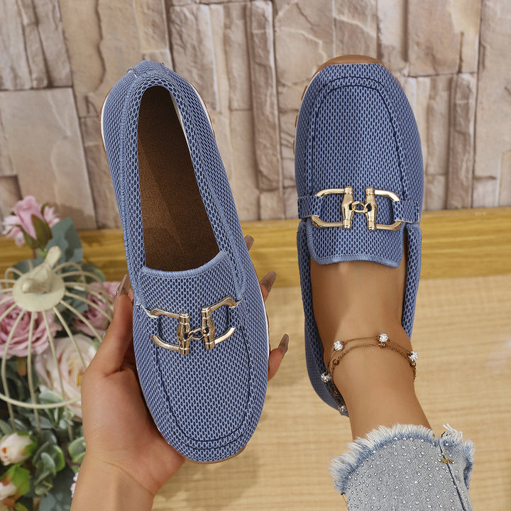 Damen  elegante Slipper Loafer mit gepolsterter Innensohle und dekorativer Metallapplikation Drune