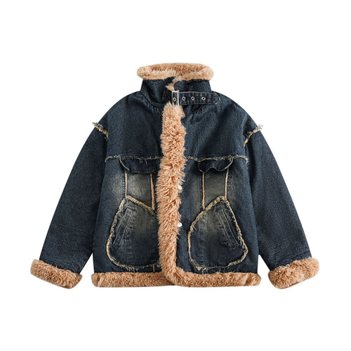 Damen Denim‑Blouson mit Teddyfutter, hohem Schnallenkragen und Used‑Effekt Drune
