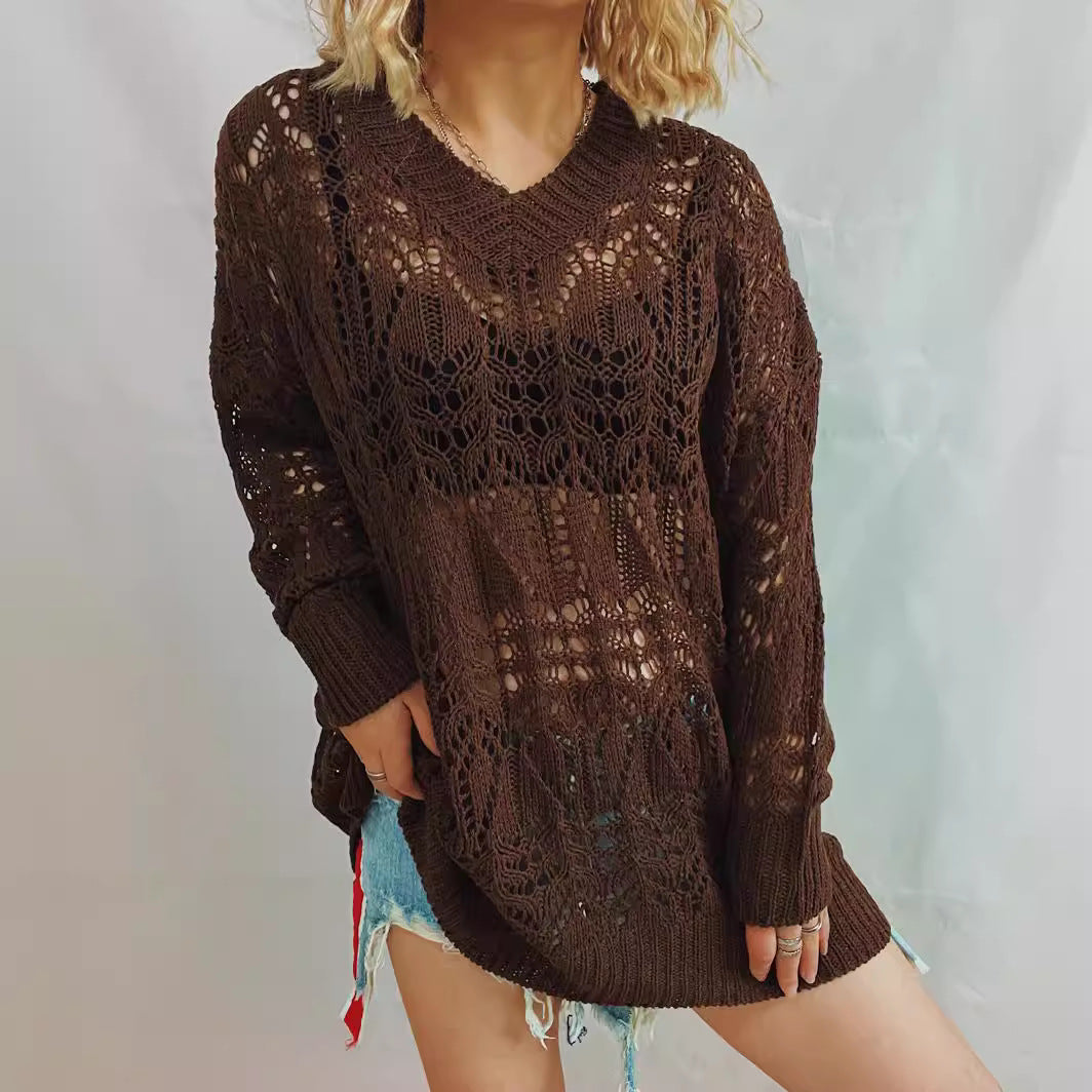Damen Häkel-Pullover mit tiefem V-Ausschnitt und lässiger Passform Drune