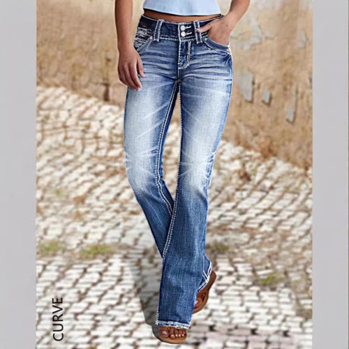 Damen Bootcut-Jeans mit sculptendem V-Bund, dekorativer Kontraststeppung und Vintage-Wash Drune