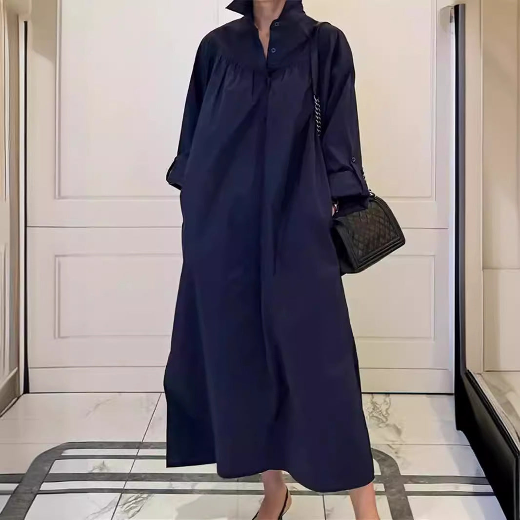 Damen Maxikleid im Oversize-Hemdstil mit Stehkragen, Schulterpasse und Eingrifftaschen Drune