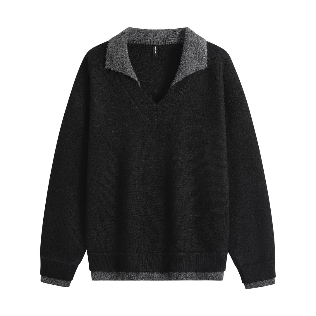 Herren Oversize-Pullover mit kontrastierendem Kragen, V‑Ausschnitt und weichem Fleeceinnenfutter Drune