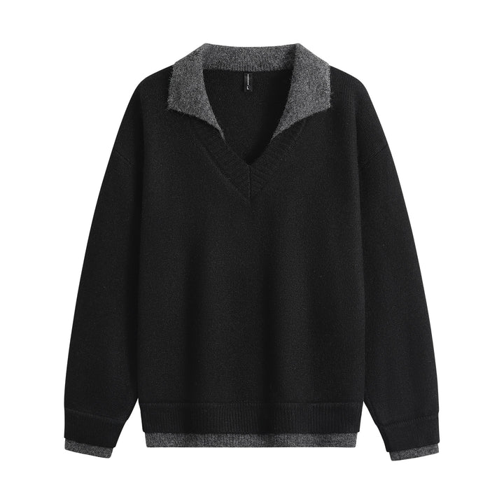 Herren Oversize-Pullover mit kontrastierendem Kragen, V‑Ausschnitt und weichem Fleeceinnenfutter Drune