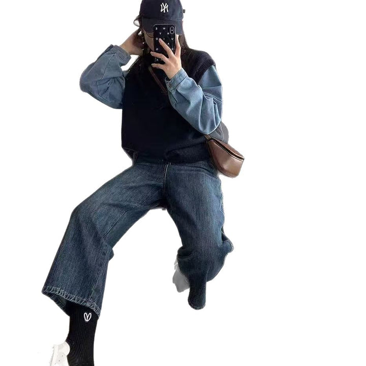 Damen Strickpullover mit Denim-Ärmeln Drune