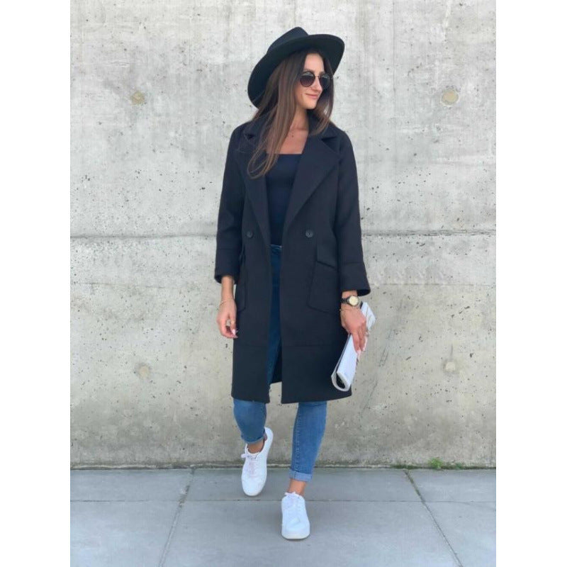 Damen Modischer Longblazer mit tiefem Revers und praktischen Taschen Drune