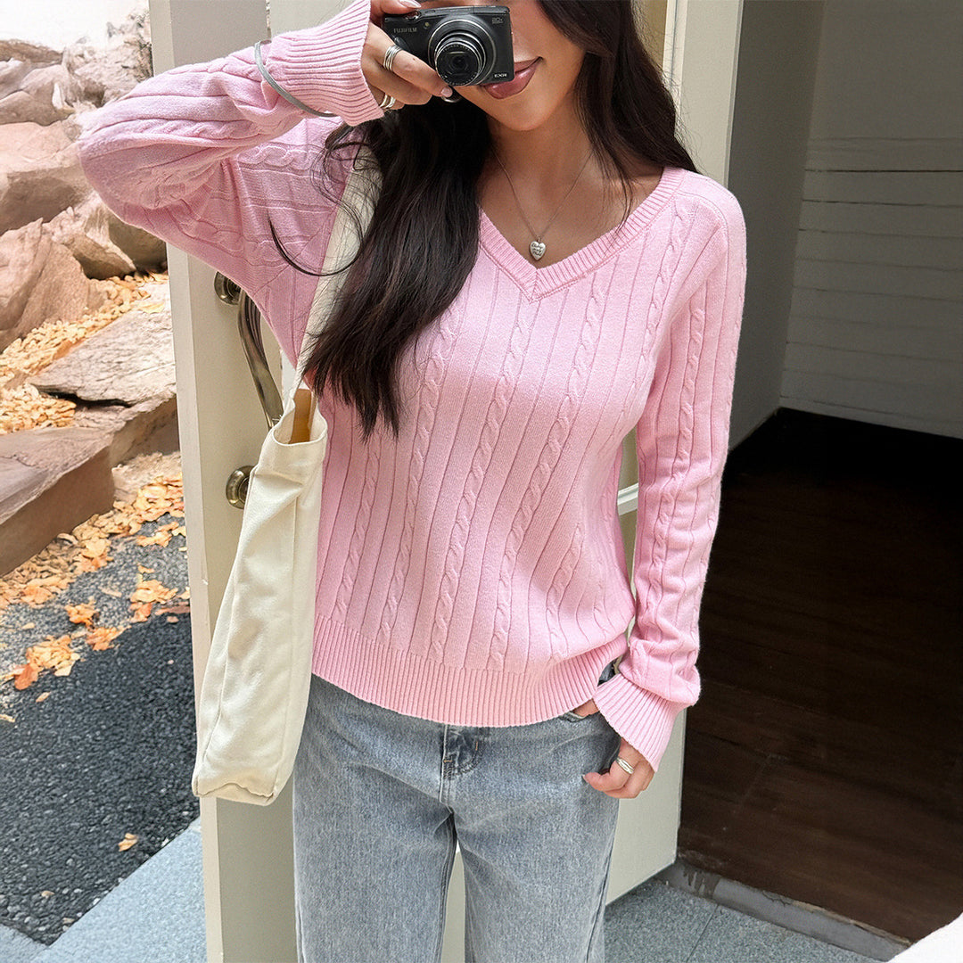Damen Strickpullover mit V-Ausschnitt und feinem Zopfmuster Drune