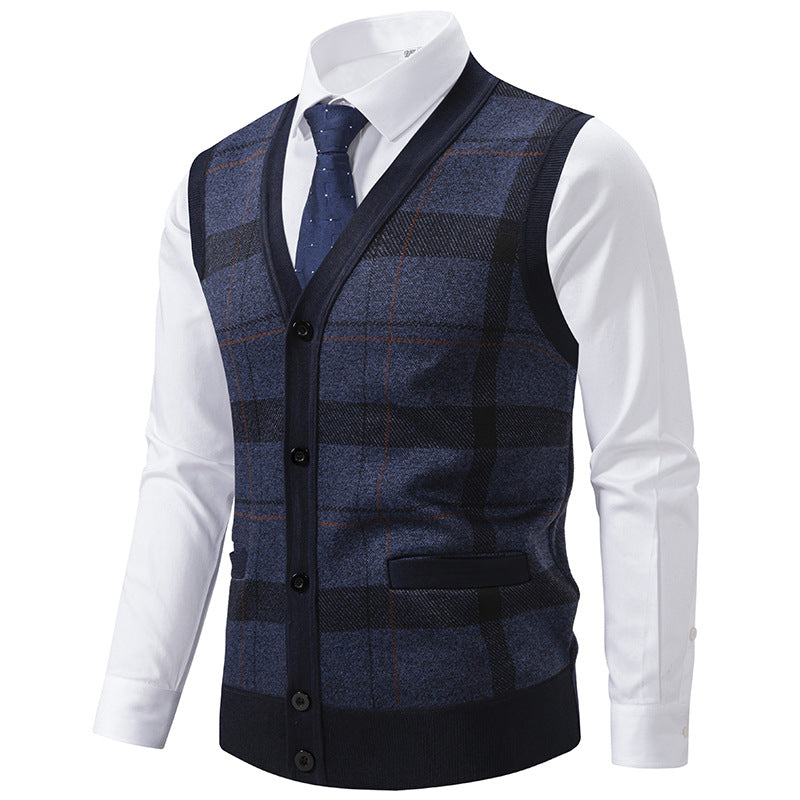 Herren Ärmellose Strickweste mit Rauten‑Muster, V‑Ausschnitt und Knopfleiste Drune