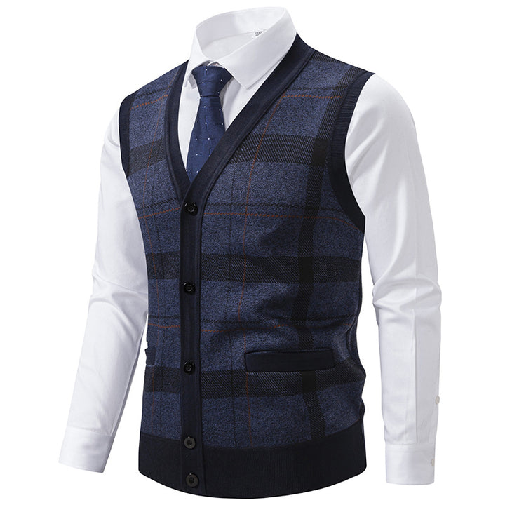 Herren Ärmellose Strickweste mit Rauten‑Muster, V‑Ausschnitt und Knopfleiste Drune
