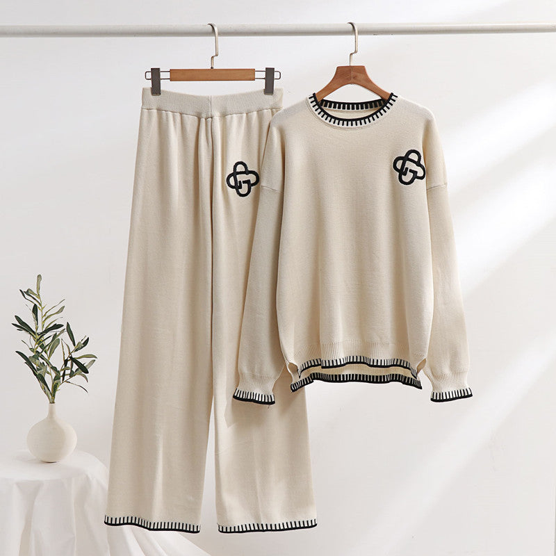 Damen lässiges Strick-Loungewear-Set mit dekorativen Kontrastdetails Drune