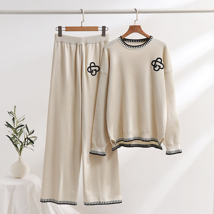 Damen lässiges Strick-Loungewear-Set mit dekorativen Kontrastdetails Drune