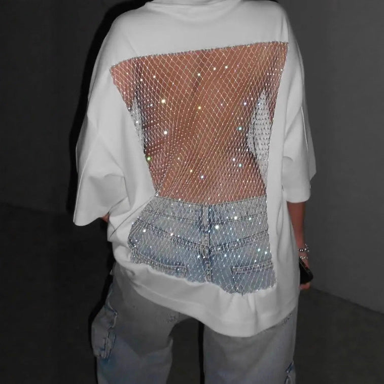 Damen nan Oversize-T-Shirt mit transparentem Netzrücken, Strassbesatz und Jeans-Print Drune