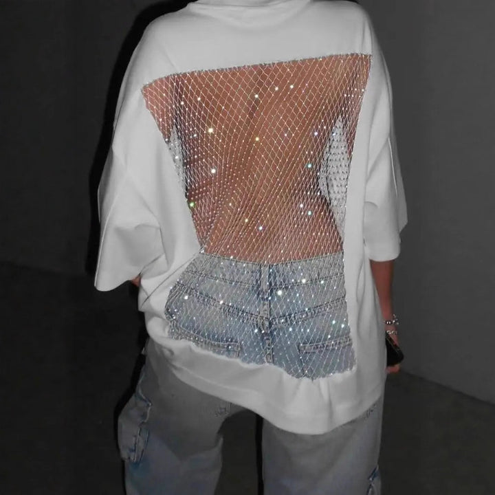 Damen nan Oversize-T-Shirt mit transparentem Netzrücken, Strassbesatz und Jeans-Print Drune