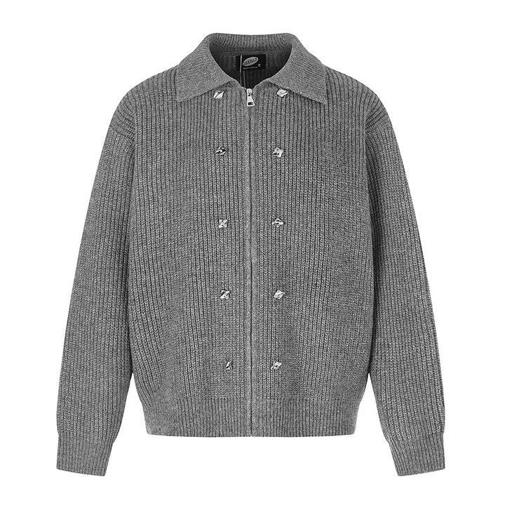 Damen Grobstrick-Zipjacke mit Hemdkragen und Zierknöpfen Drune
