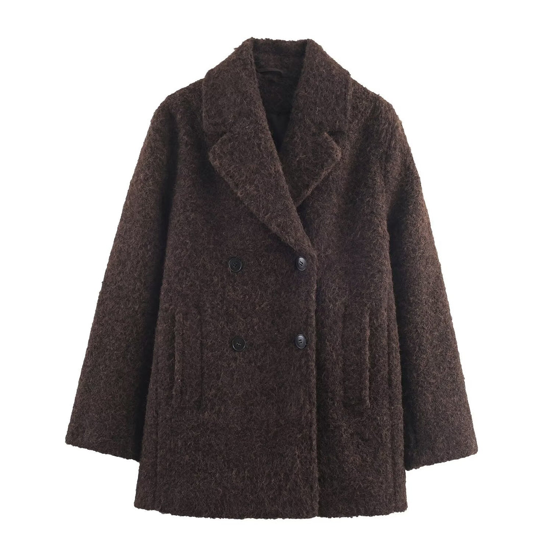 Damen Doppelreihiger Teddy-Mantel mit Schalkragen und aufgesetzten Taschen Drune